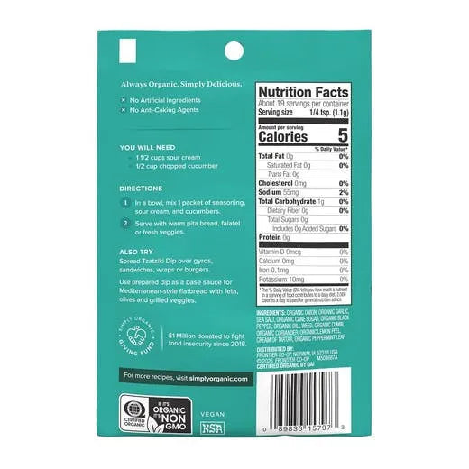 Simply Organic Tzatziki Dip Mix 0.74 oz.